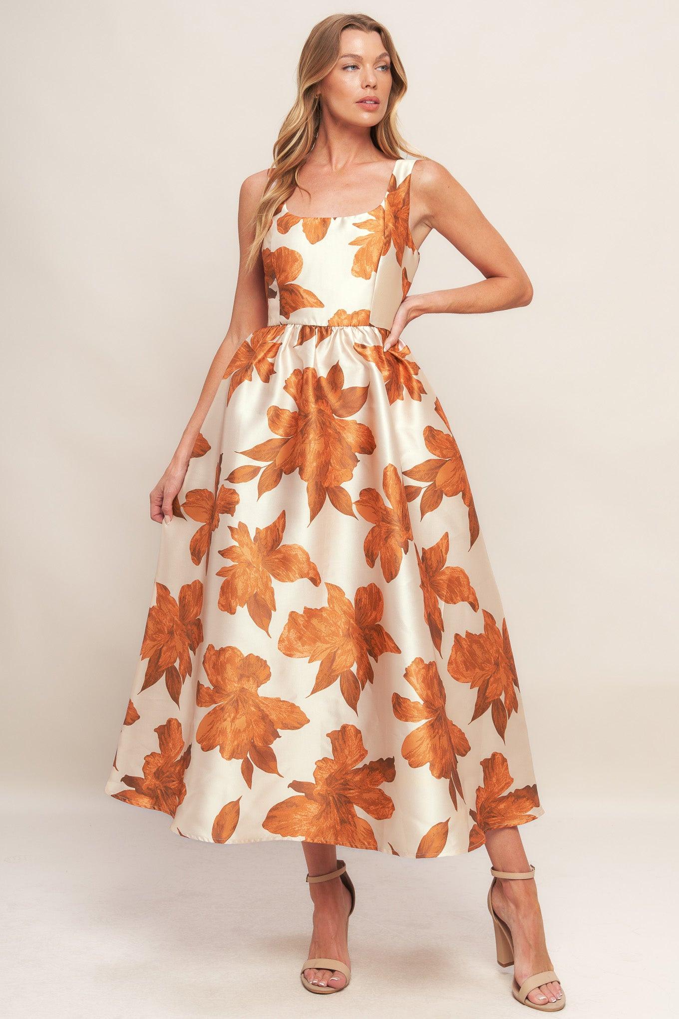 AUTUMNAL FLORAL WOVEN MIDI DRESS