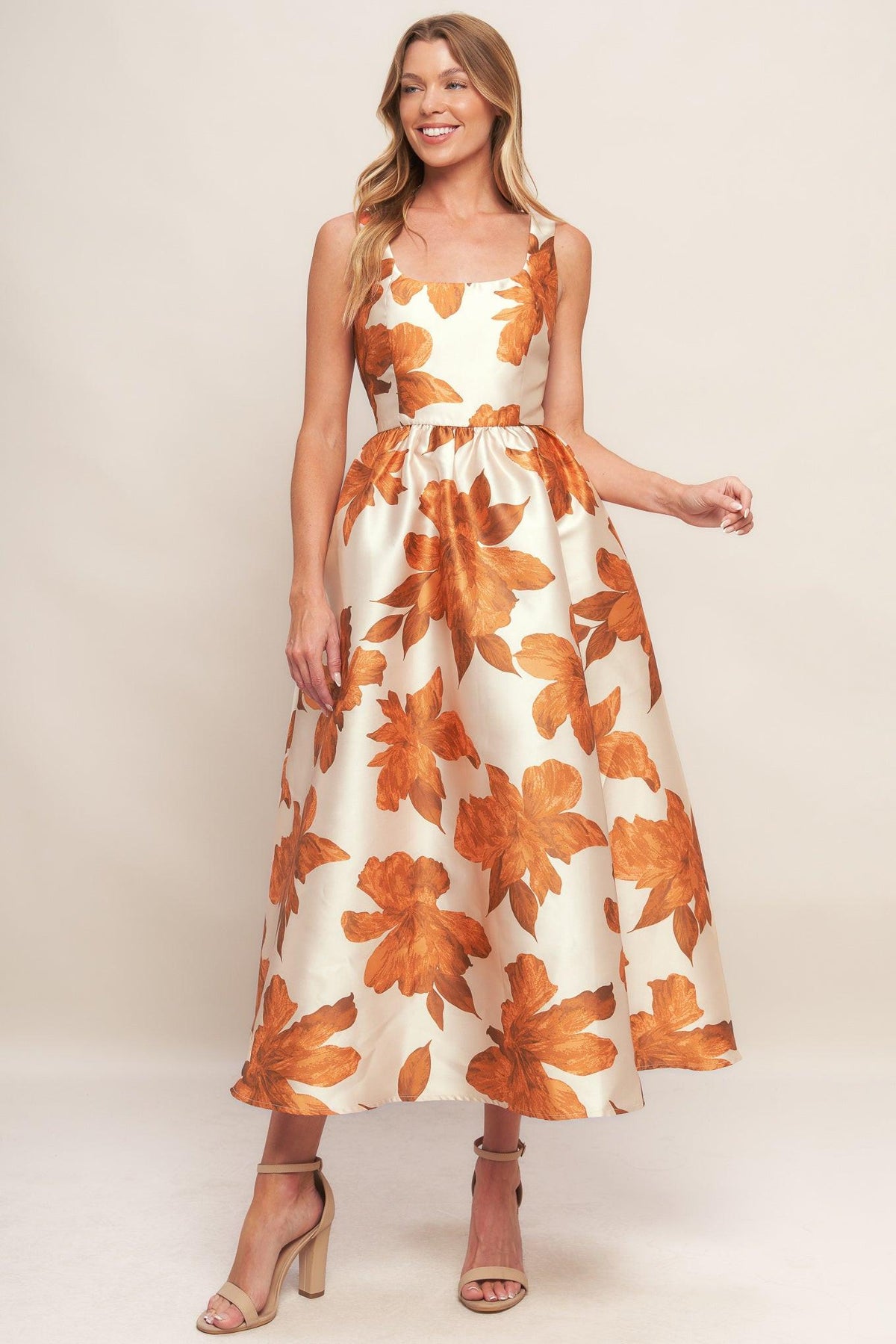 AUTUMNAL FLORAL WOVEN MIDI DRESS