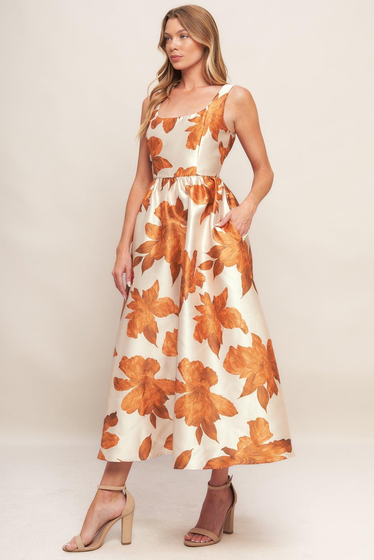 AUTUMNAL FLORAL WOVEN MIDI DRESS