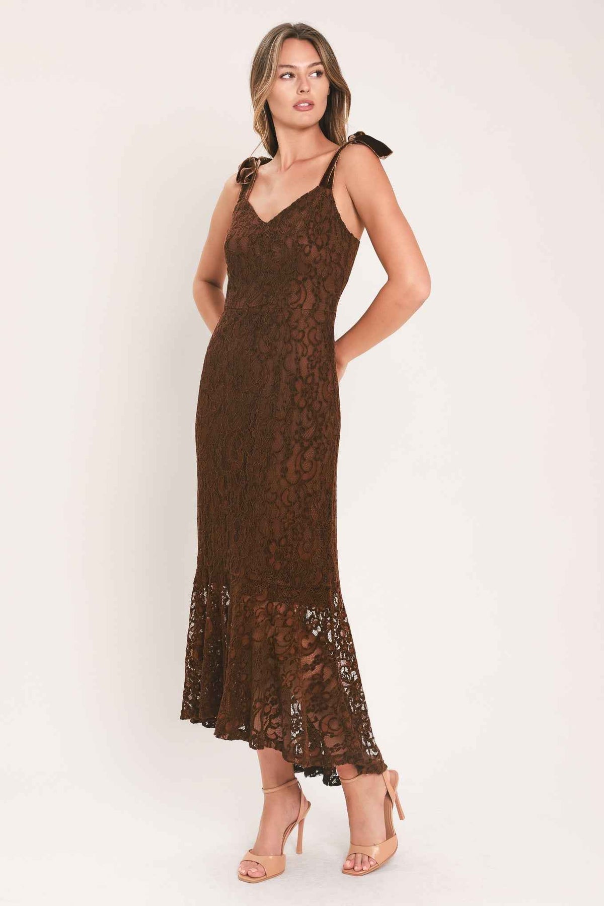 AUTUMN ROMANCE CHESTNUT LACE TIE-STRAP MIDI DRESS