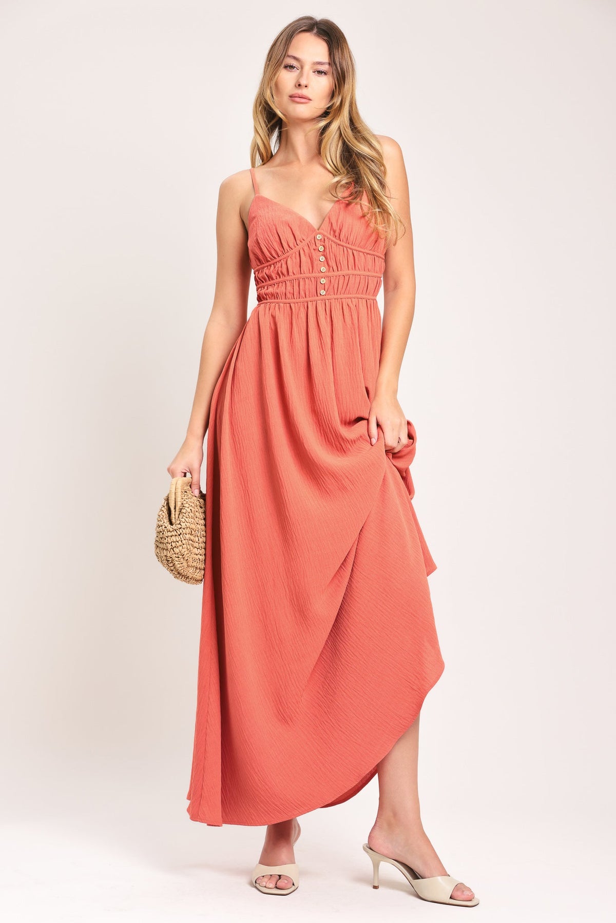 CORAL BLOSSOM WOVEN MAXI DRESS