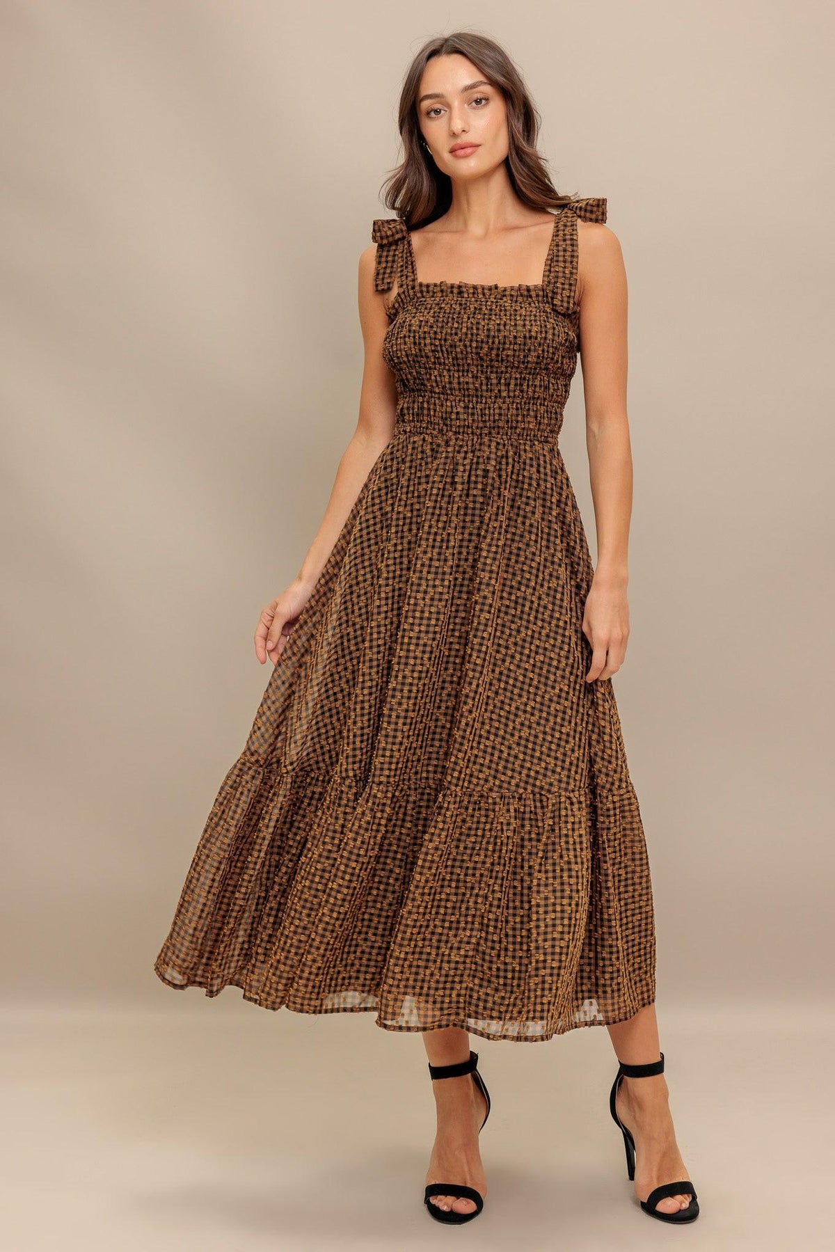 CHECKED DAYDREAM WOVEN MIDI DRESS
