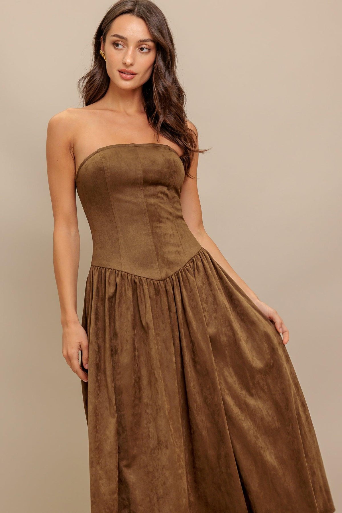 WILD ESPRESSO FAUX SUEDE MIDI DRESS