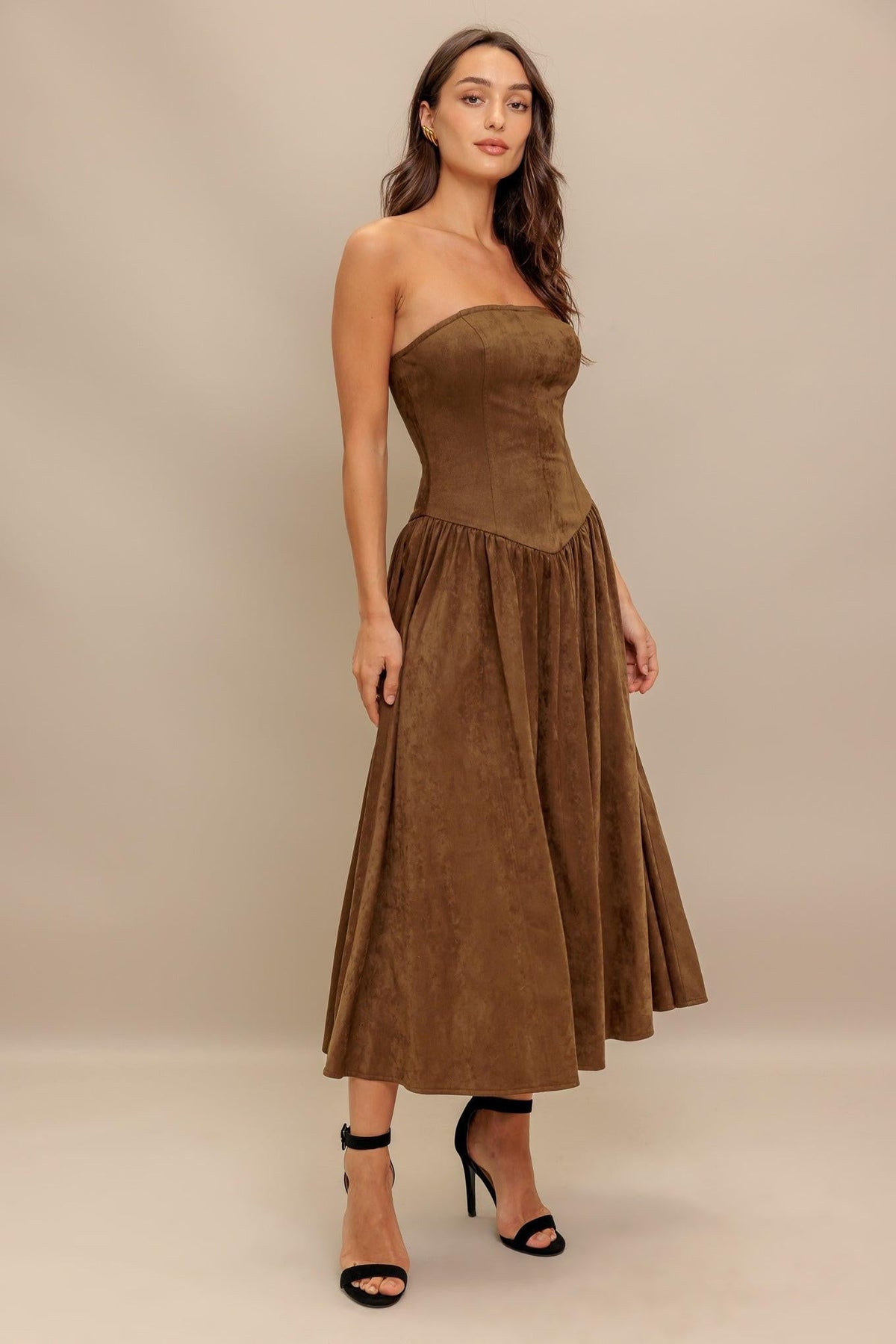 WILD ESPRESSO FAUX SUEDE MIDI DRESS