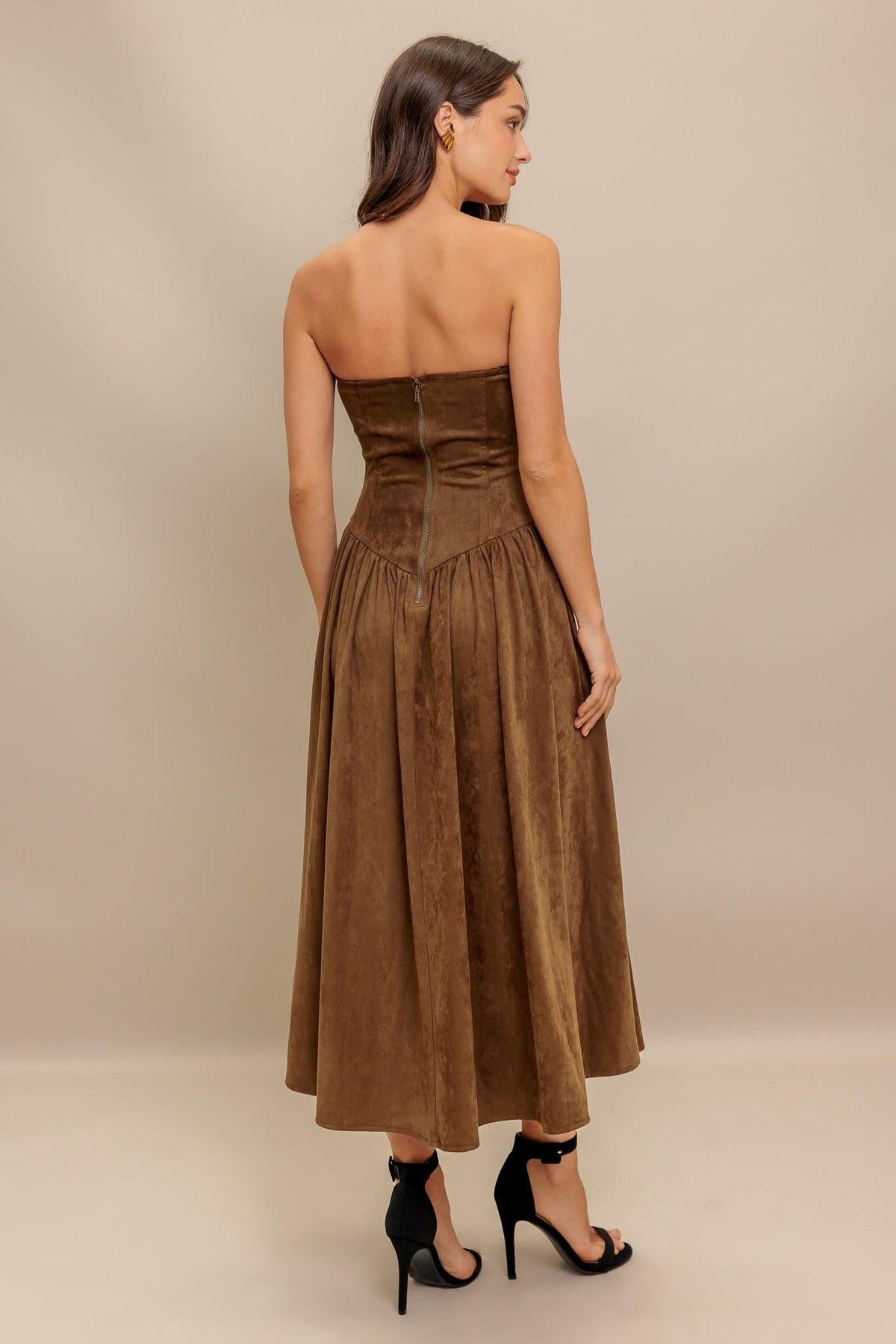 WILD ESPRESSO FAUX SUEDE MIDI DRESS