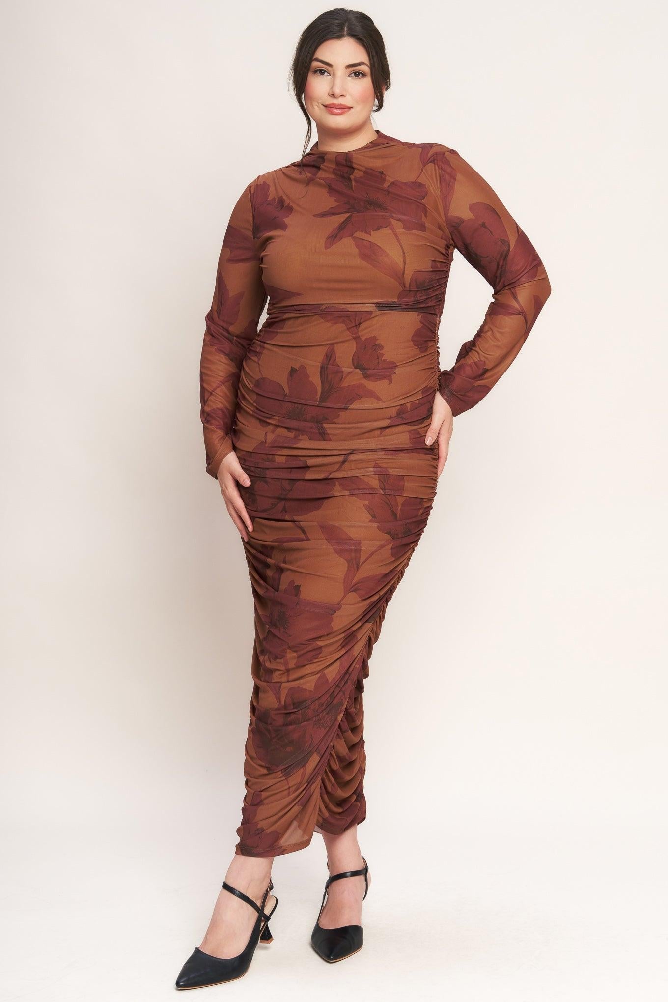AMBER FLORA POWER MESH MIDI DRESS