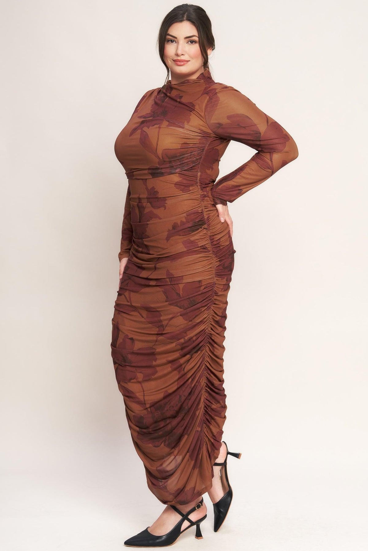 AMBER FLORA POWER MESH MIDI DRESS