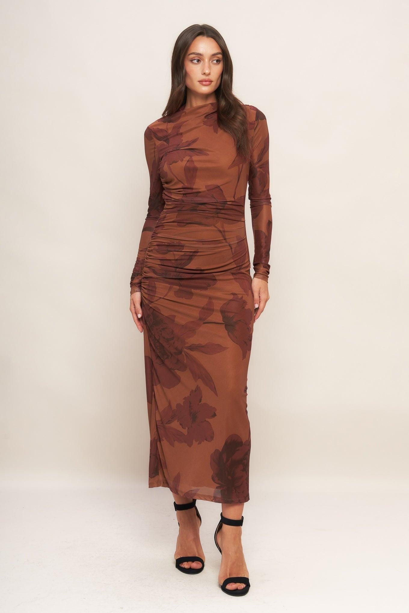 AMBER FLORA POWER MESH MIDI DRESS