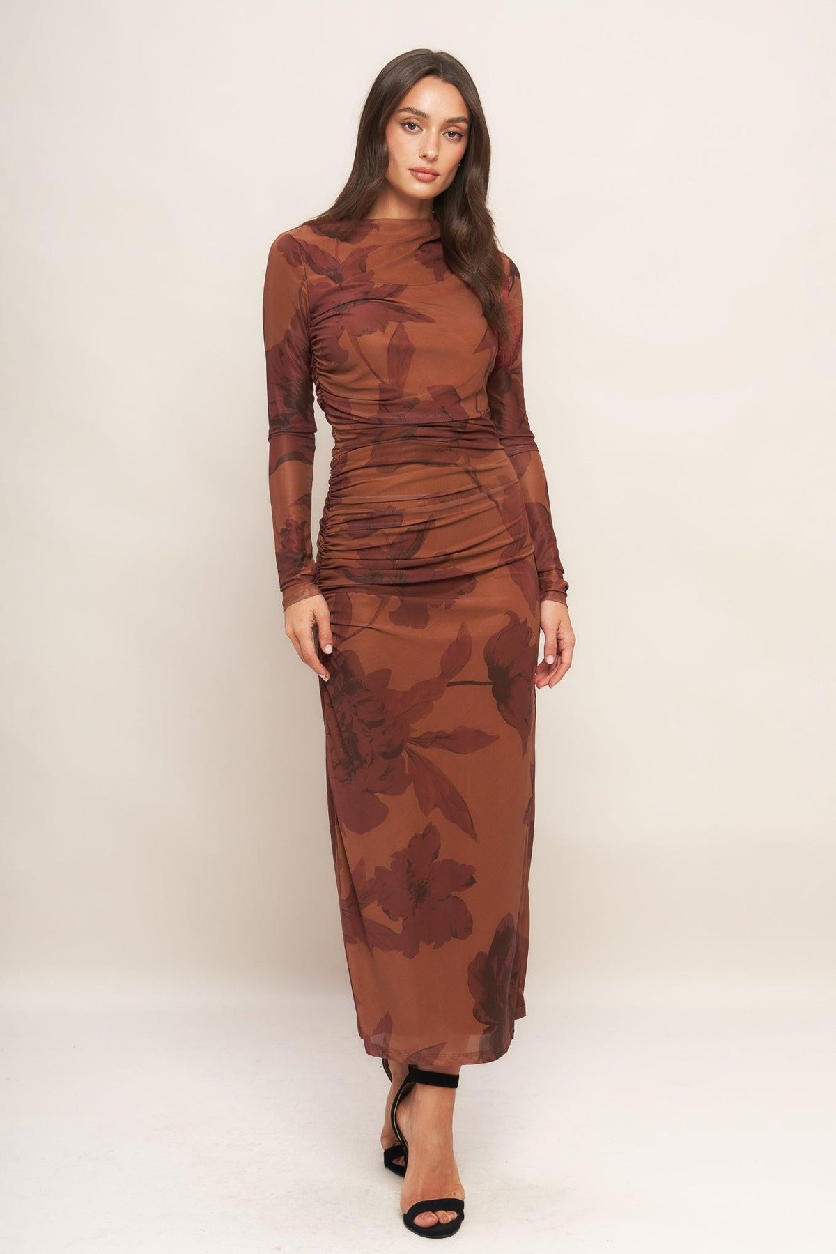 AMBER FLORA POWER MESH MIDI DRESS