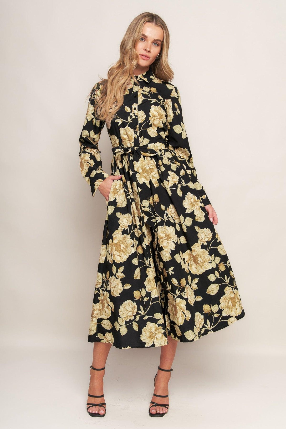 MIDNIGHT BLOOM BLACK WOVEN MIDI DRESS