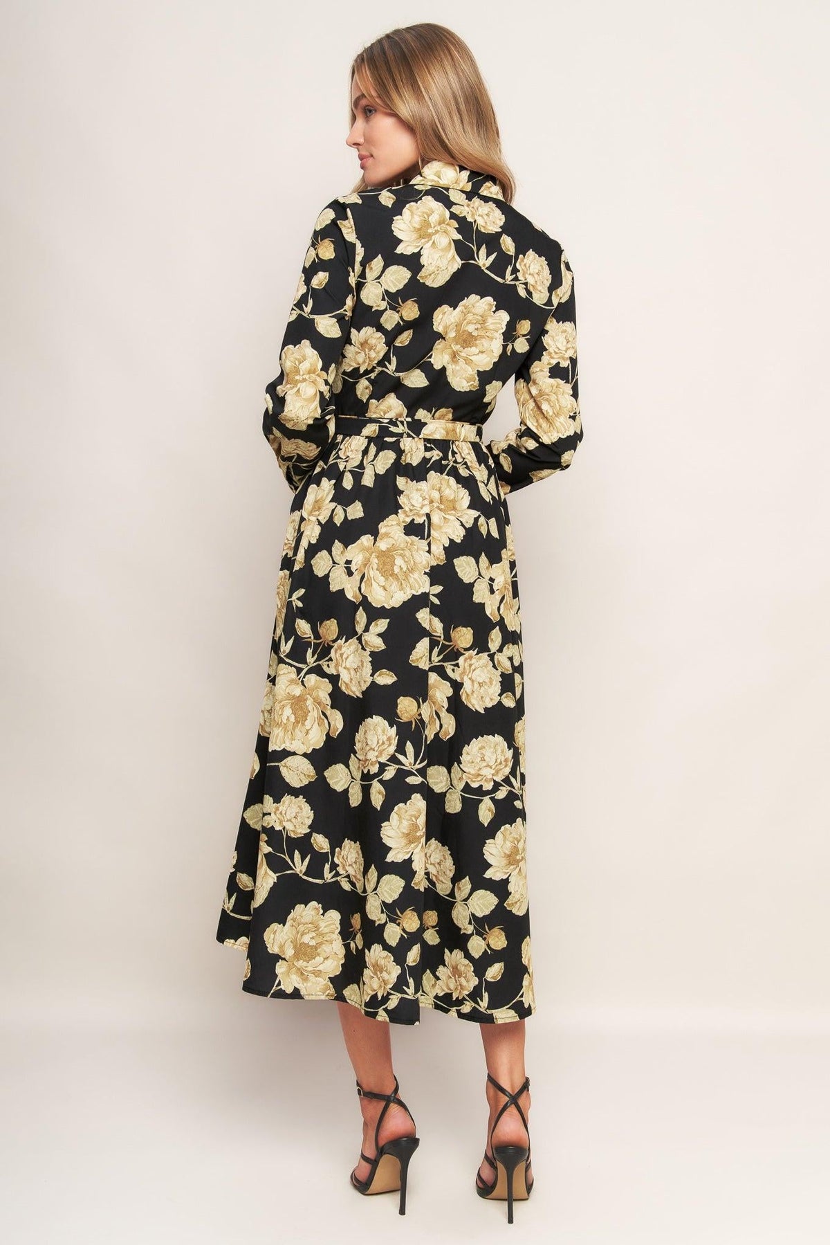 MIDNIGHT BLOOM BLACK WOVEN MIDI DRESS