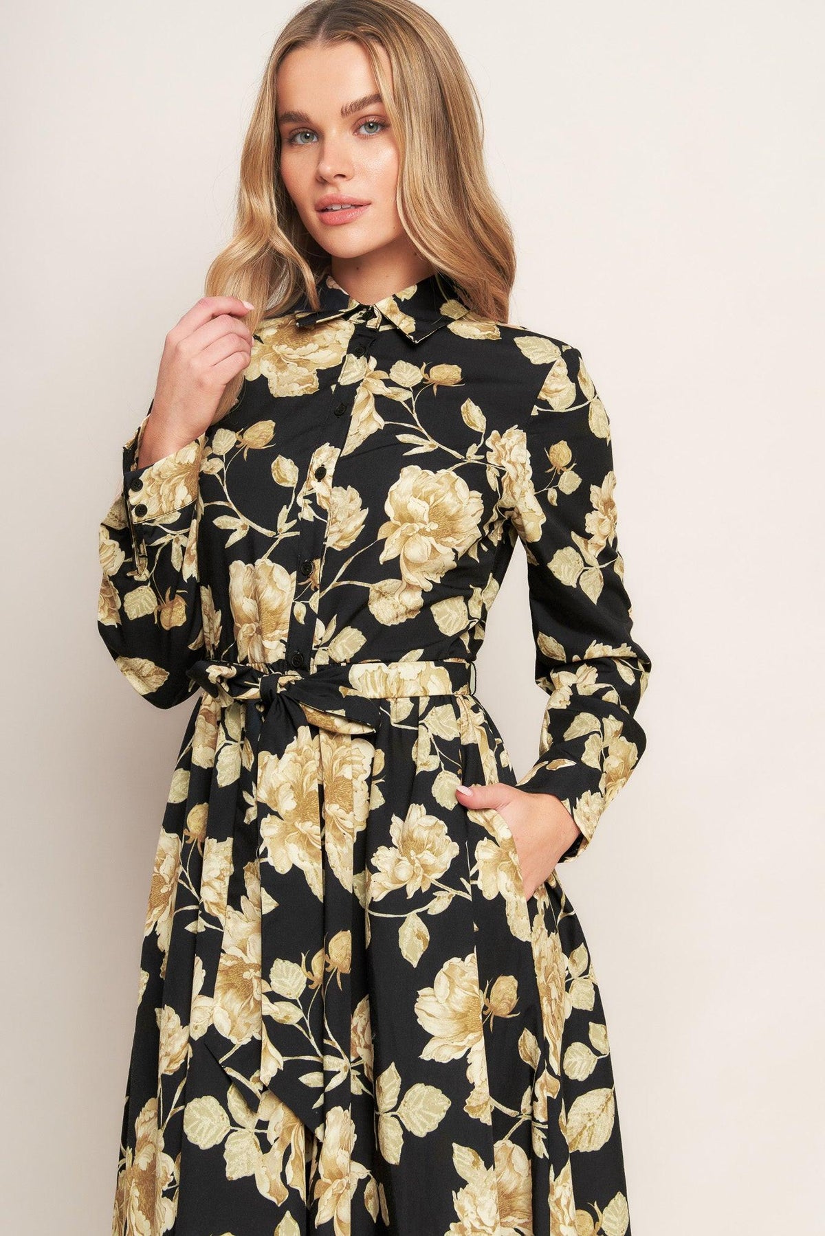 MIDNIGHT BLOOM BLACK WOVEN MIDI DRESS