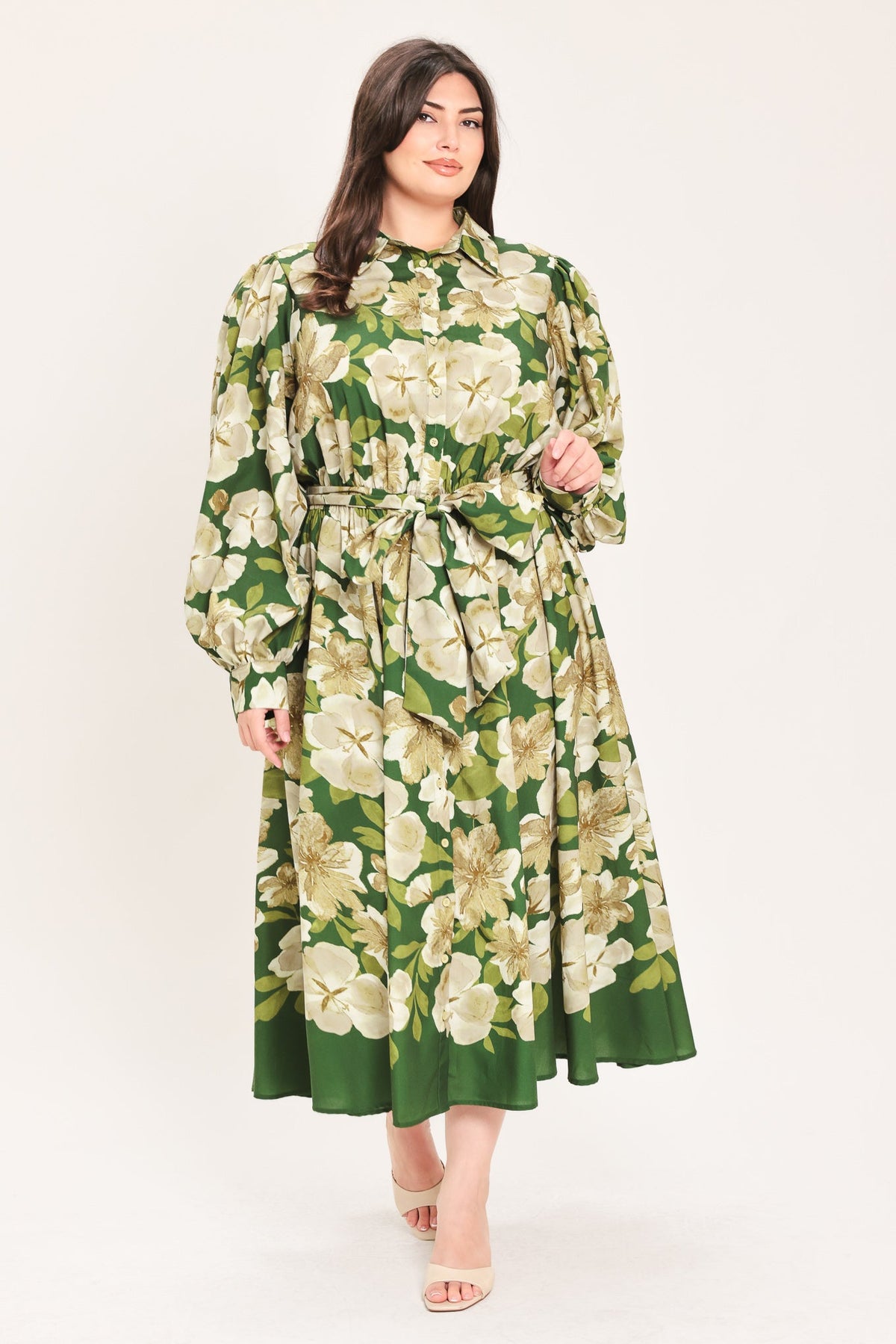 VESTIDO CAMISERO MIDI DE TEJIDO ESTRUCTURADO EVERGREEN CAMELLIA DREAM