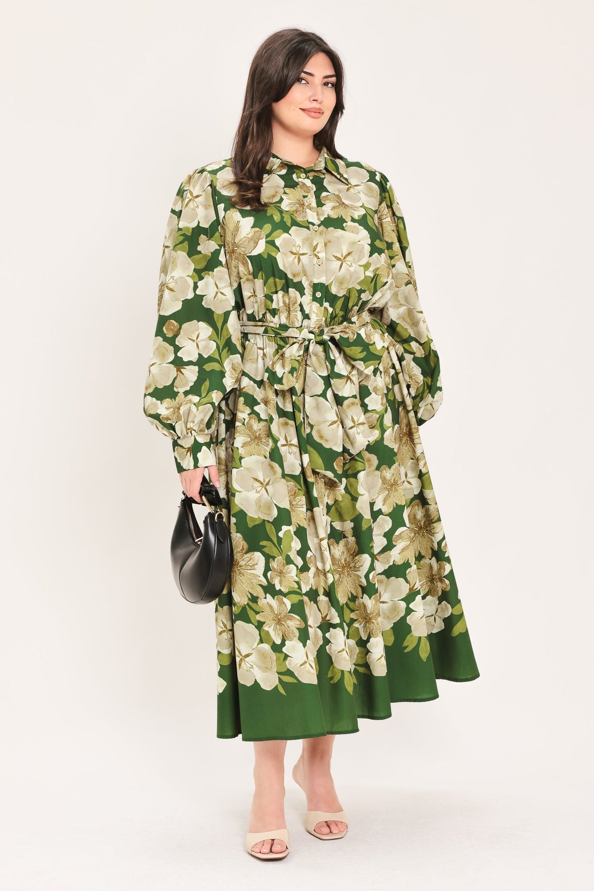 VESTIDO CAMISERO MIDI DE TEJIDO ESTRUCTURADO EVERGREEN CAMELLIA DREAM