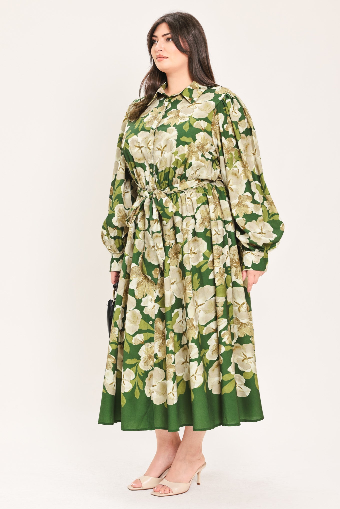 EVERGREEN CAMELLIA DREAM WOVEN MIDI SHIRT DRESS