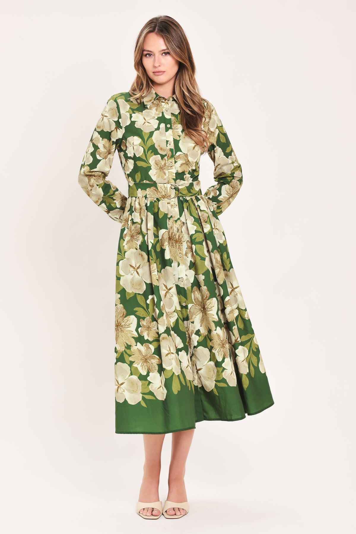 VESTIDO CAMISERO MIDI DE TEJIDO ESTRUCTURADO EVERGREEN CAMELLIA DREAM