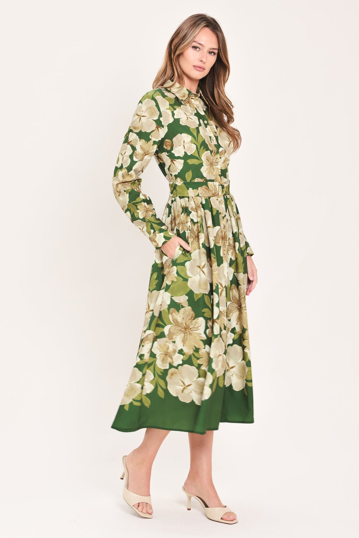 VESTIDO CAMISERO MIDI DE TEJIDO ESTRUCTURADO EVERGREEN CAMELLIA DREAM