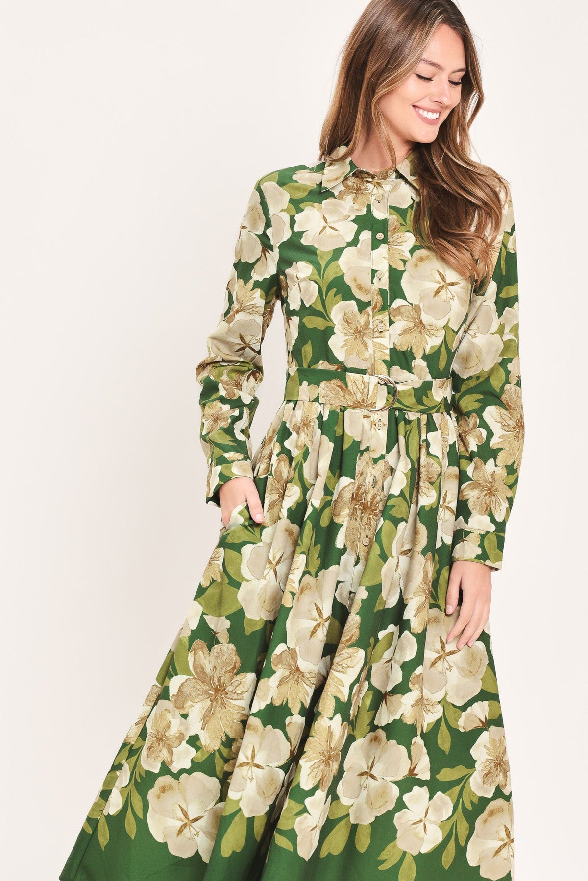 VESTIDO CAMISERO MIDI DE TEJIDO ESTRUCTURADO EVERGREEN CAMELLIA DREAM