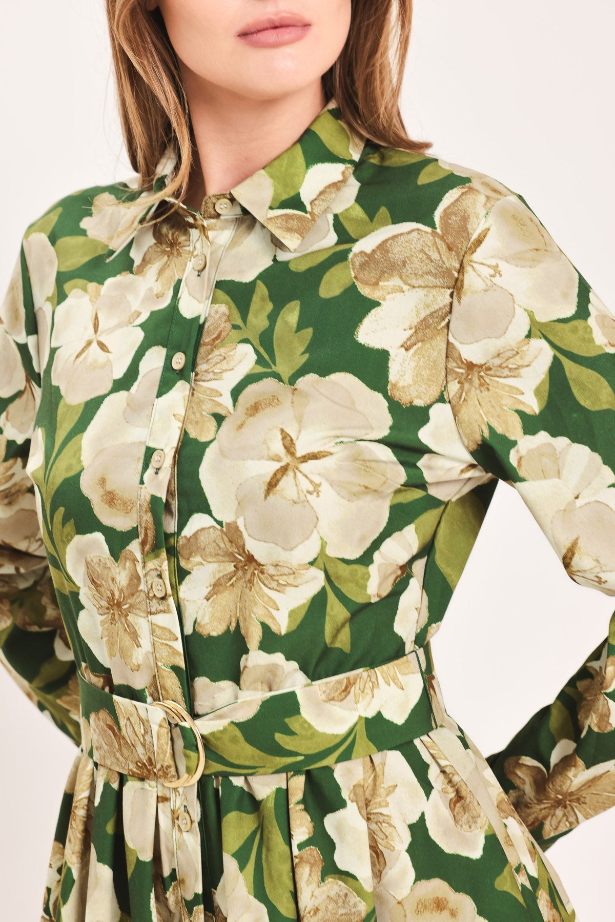 VESTIDO CAMISERO MIDI DE TEJIDO ESTRUCTURADO EVERGREEN CAMELLIA DREAM
