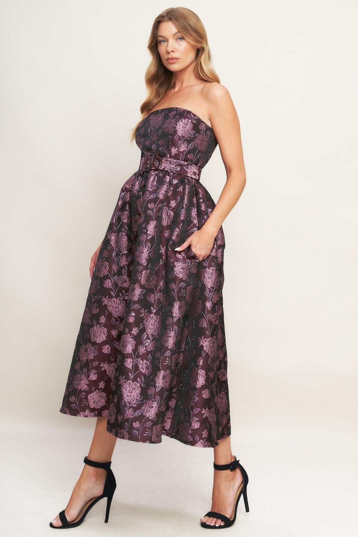 VESTIDO MIDI TEJIDO JACQUARD CHIC BERENJENA