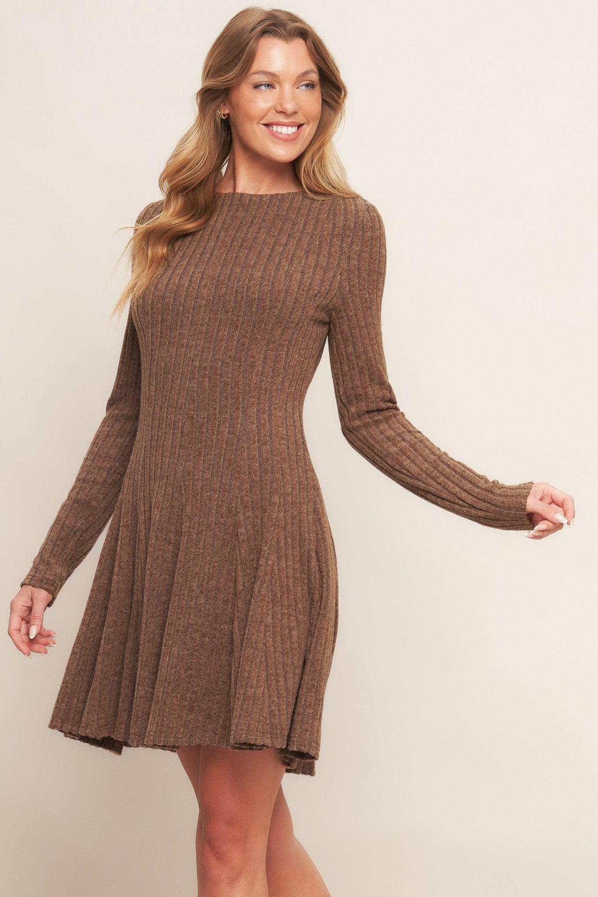 AUTUMN COFFEE BROWN KNIT MINI DRESS