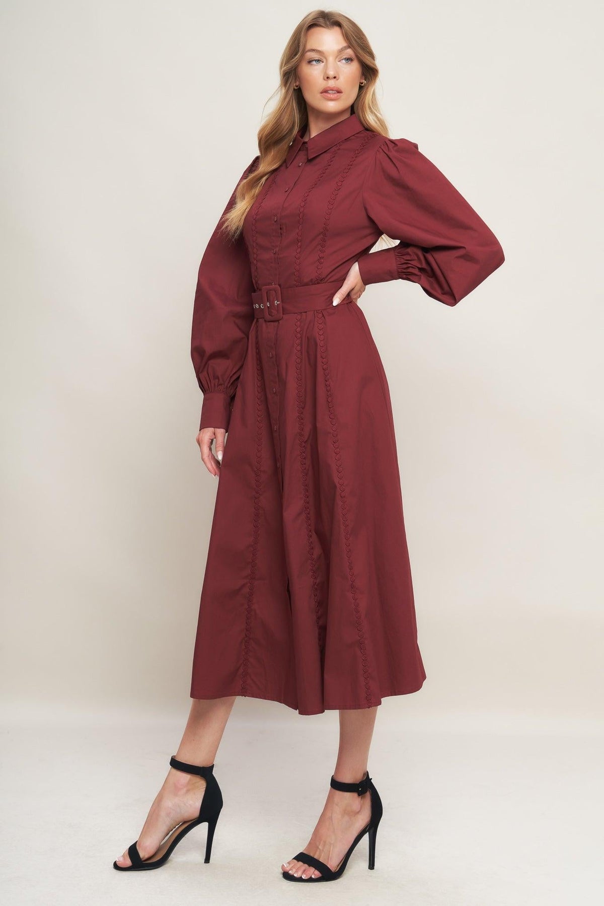MODERN FEMME BURGUNDY WOVEN MIDI DRESS