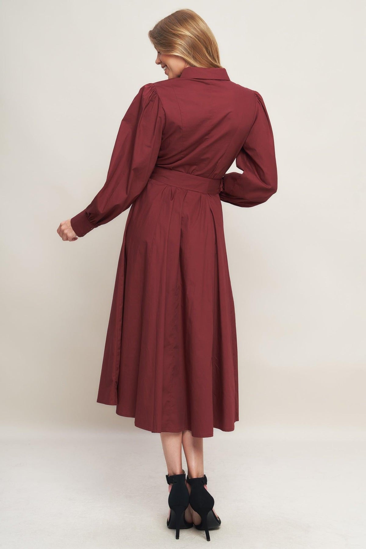 MODERN FEMME BURGUNDY WOVEN MIDI DRESS