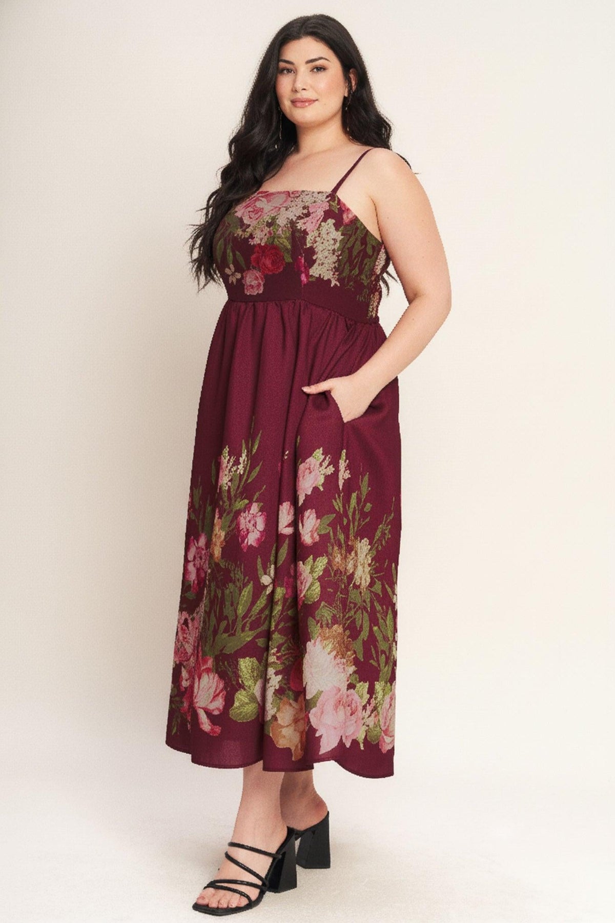 VESTIDO LARGO DE ALGODÓN CON CINTURÓN Y CUELLO BARDOT ESTAMPADO JARDÍN SECRETO