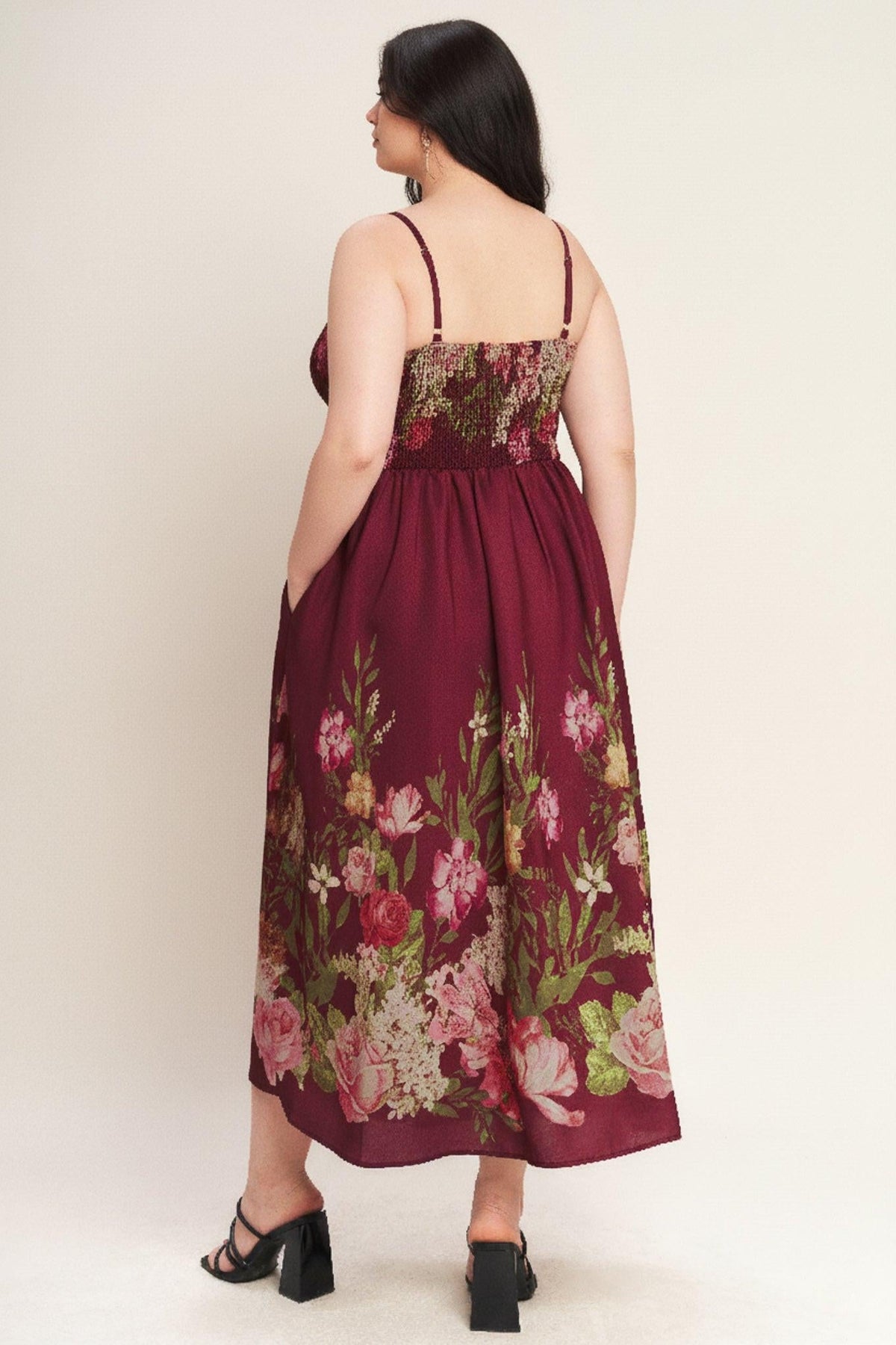 VESTIDO LARGO DE ALGODÓN CON CINTURÓN Y CUELLO BARDOT ESTAMPADO JARDÍN SECRETO