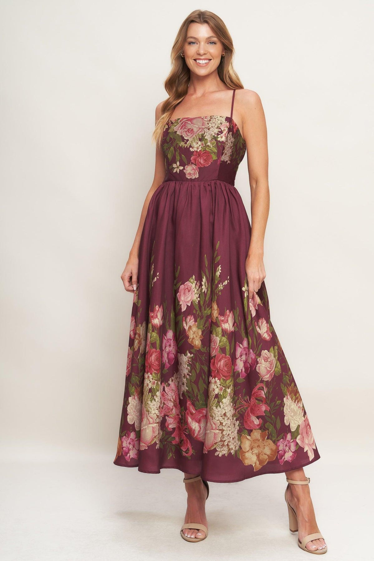 VESTIDO LARGO DE ALGODÓN CON CINTURÓN Y CUELLO BARDOT ESTAMPADO JARDÍN SECRETO