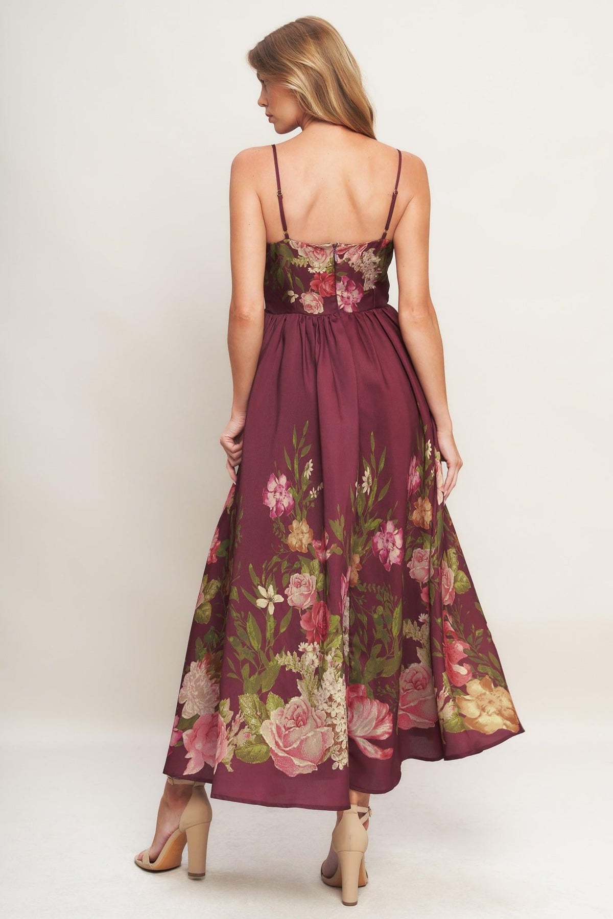 VESTIDO LARGO DE ALGODÓN CON CINTURÓN Y CUELLO BARDOT ESTAMPADO JARDÍN SECRETO