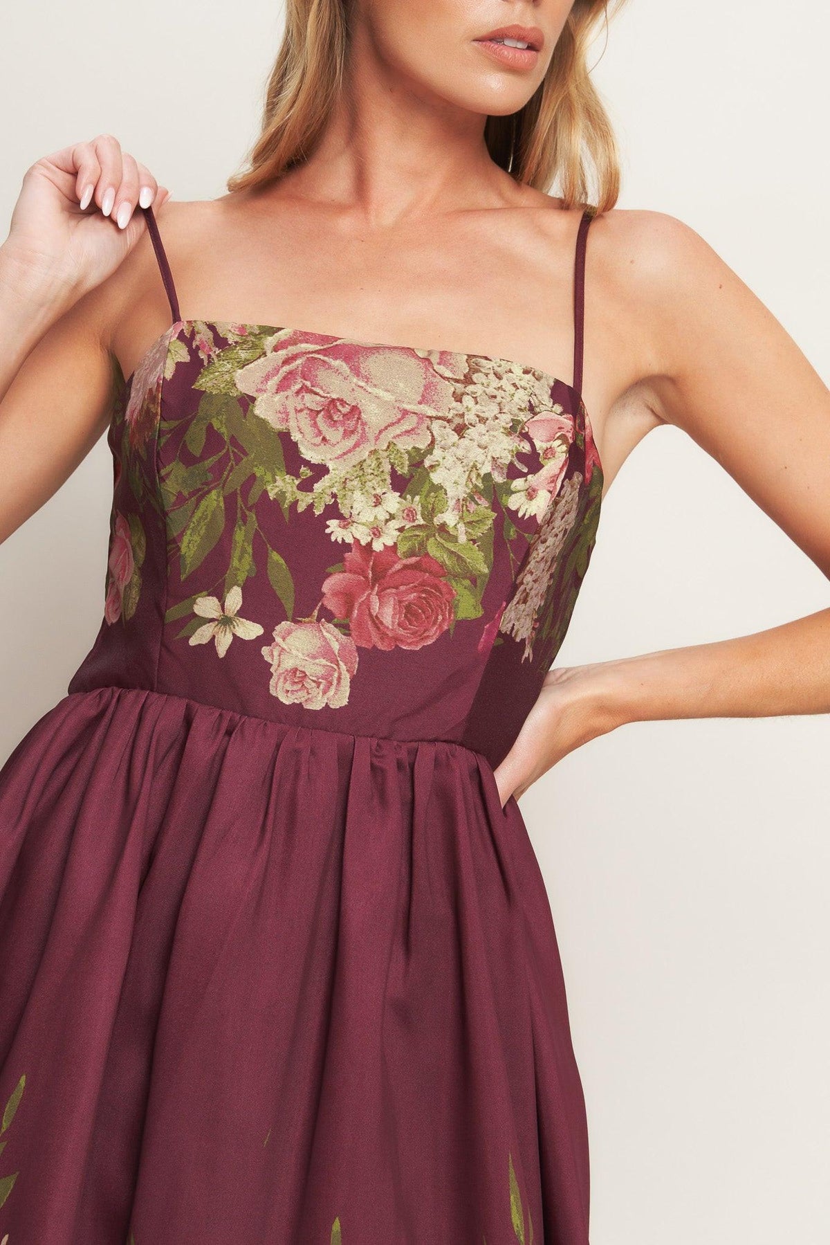 VESTIDO LARGO DE ALGODÓN CON CINTURÓN Y CUELLO BARDOT ESTAMPADO JARDÍN SECRETO