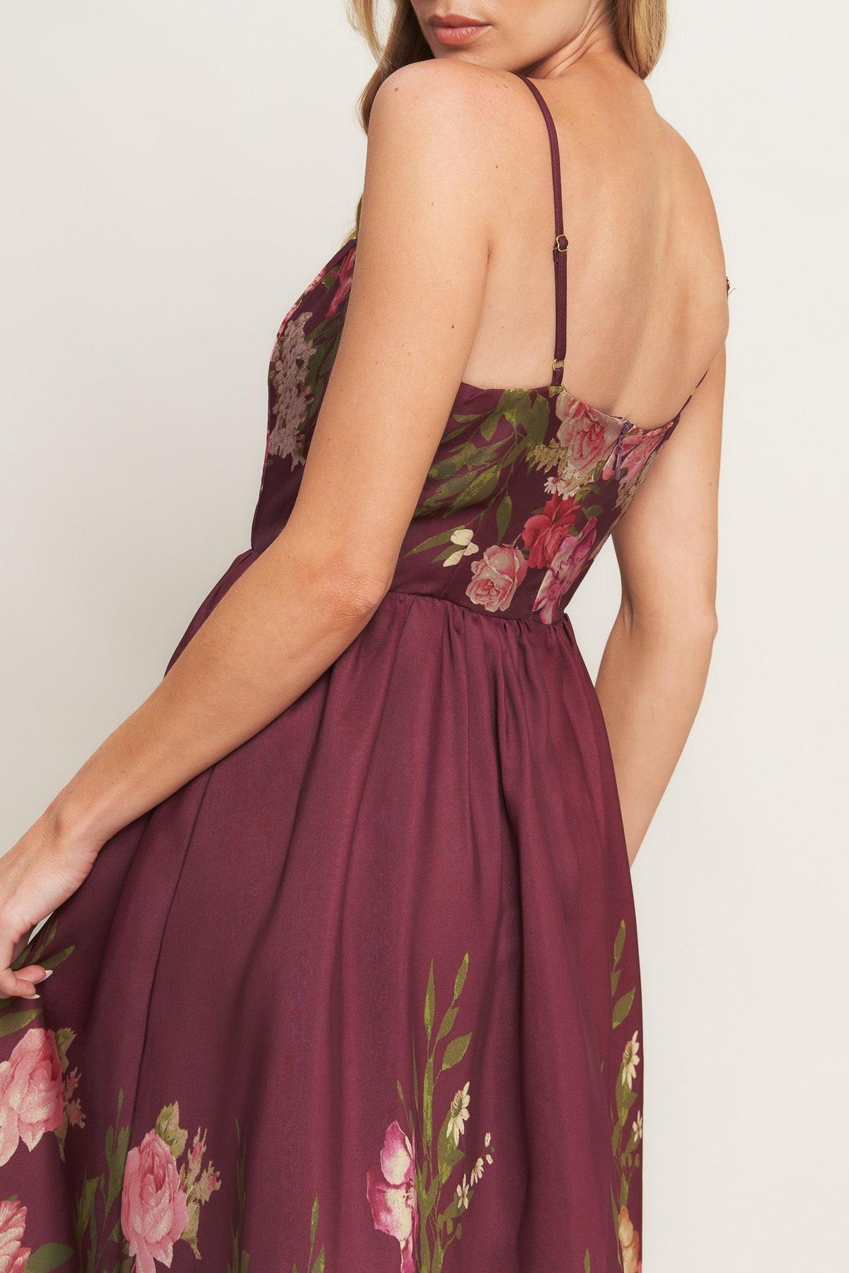 VESTIDO LARGO DE ALGODÓN CON CINTURÓN Y CUELLO BARDOT ESTAMPADO JARDÍN SECRETO