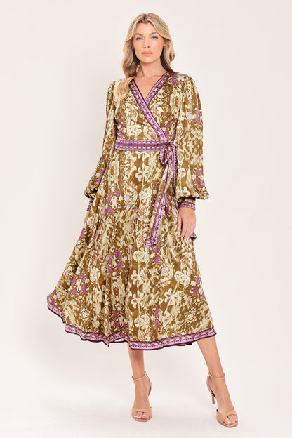 IKAT BLOOM WOVEN MIDI TRUE WRAP DRESS