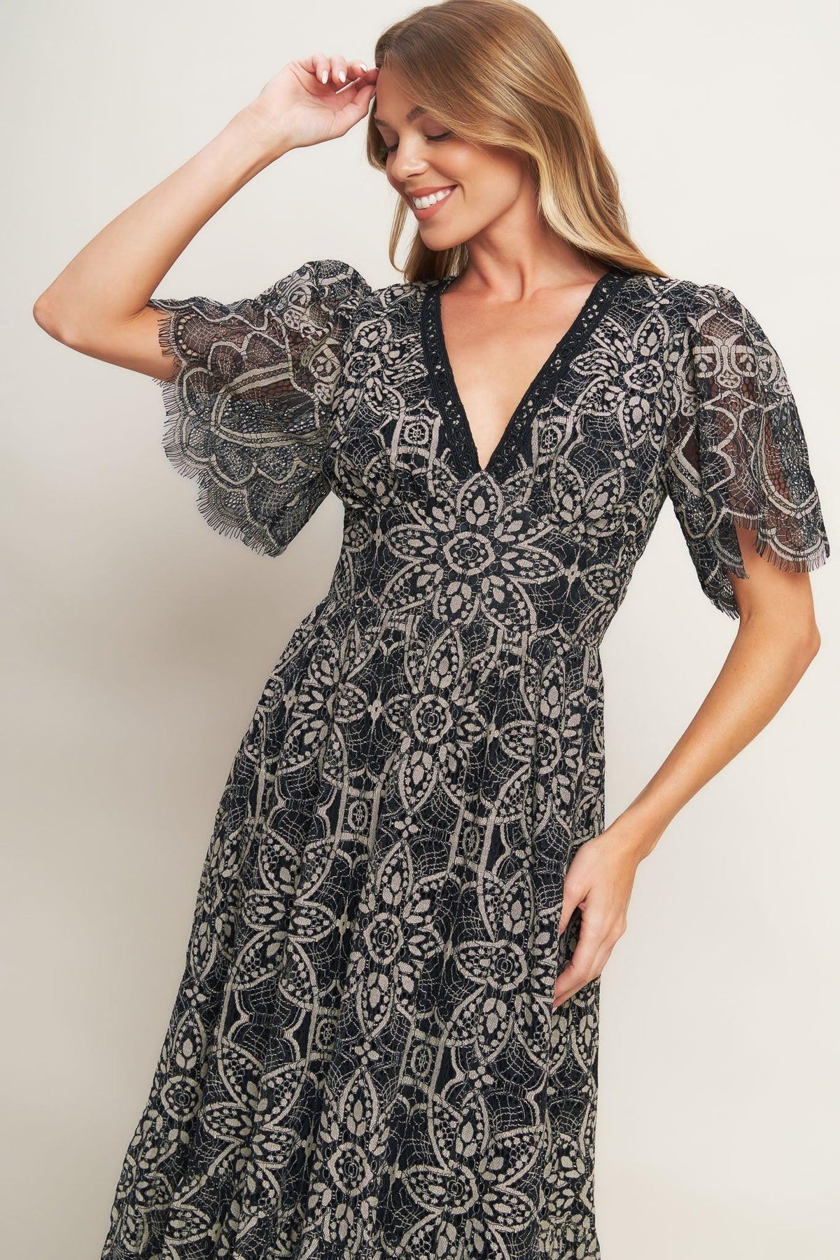 GOTHIC BLOOM WOVEN LACE MIDI DRESS