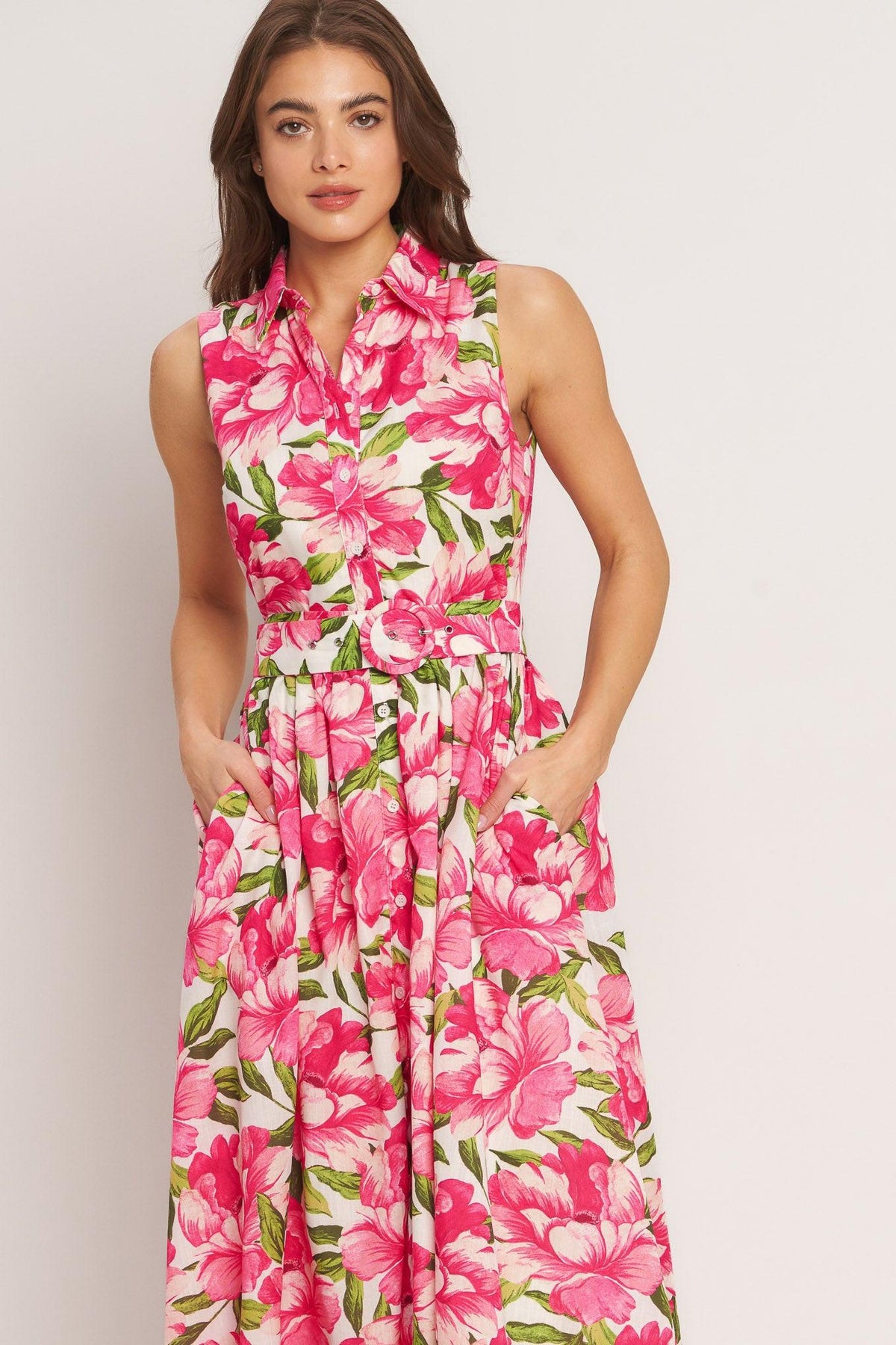 PINK PARADISE WOVEN MIDI DRESS