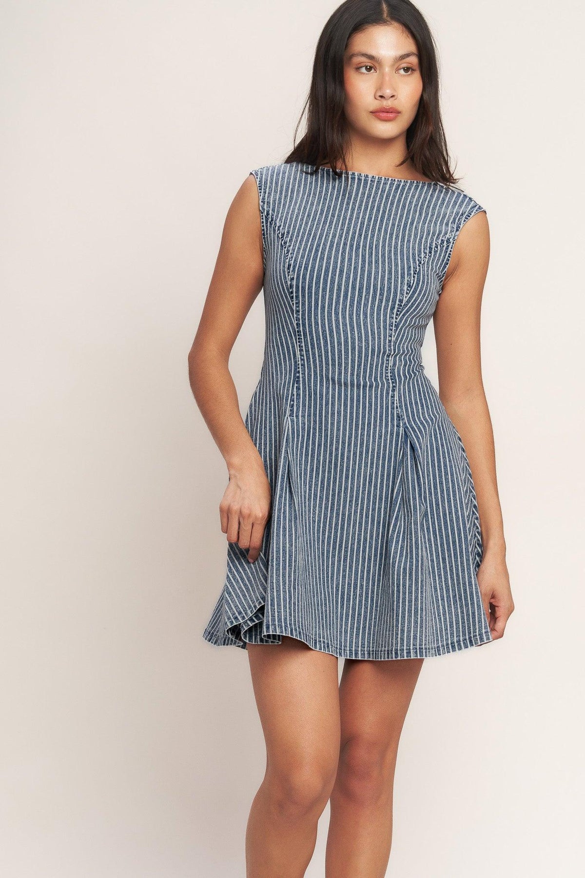 PERFECTLY PLANNED STRIPED DENIM MINI DRESS