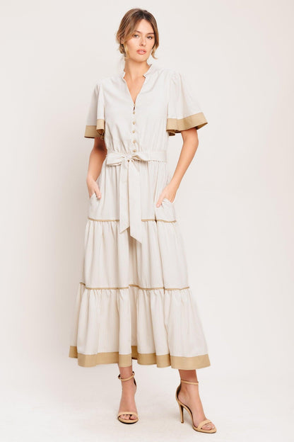 PARIS MORNING TAUPE WOVEN MIDI DRESS