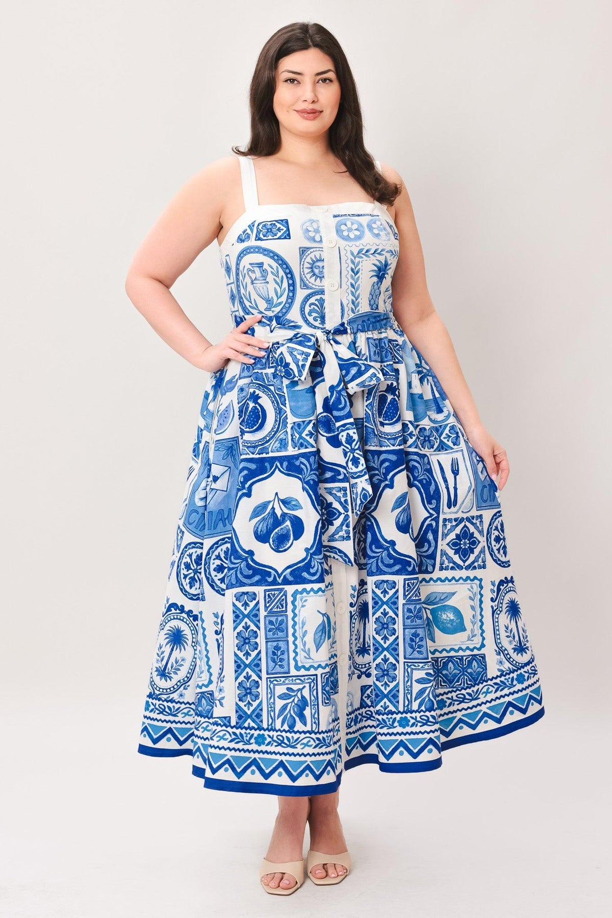 VESTIDO MIDI TEJIDO CON ENCANTO DE MAYÓLICA AZUL