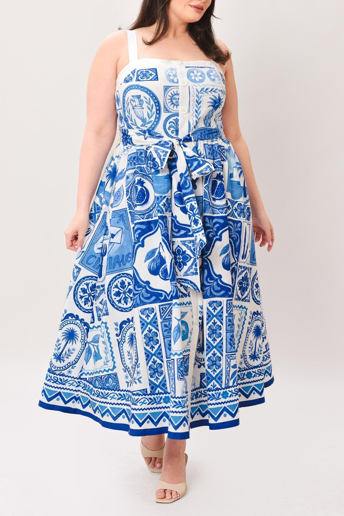 VESTIDO MIDI TEJIDO CON ENCANTO DE MAYÓLICA AZUL