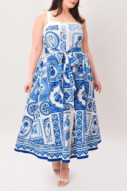 BLUE MAJOLICA CHARM WOVEN MIDI DRESS