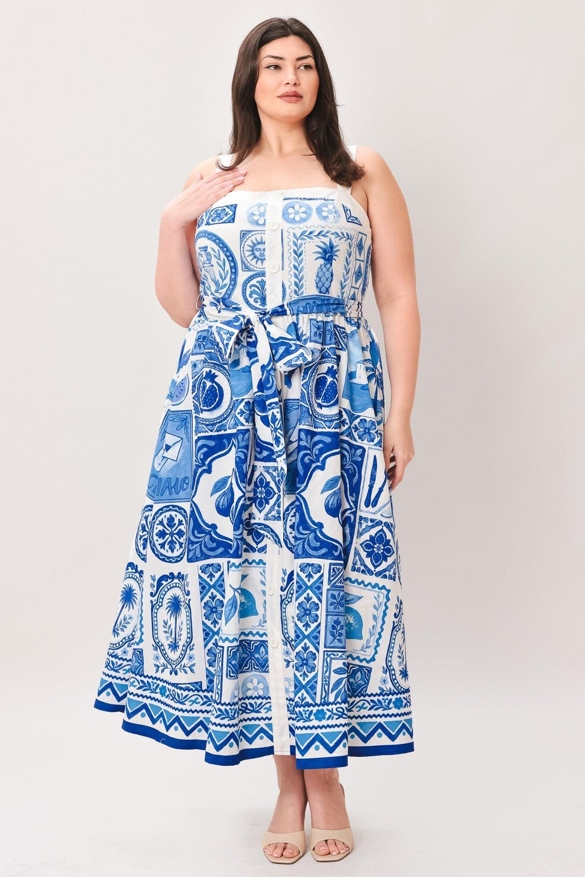 VESTIDO MIDI TEJIDO CON ENCANTO DE MAYÓLICA AZUL