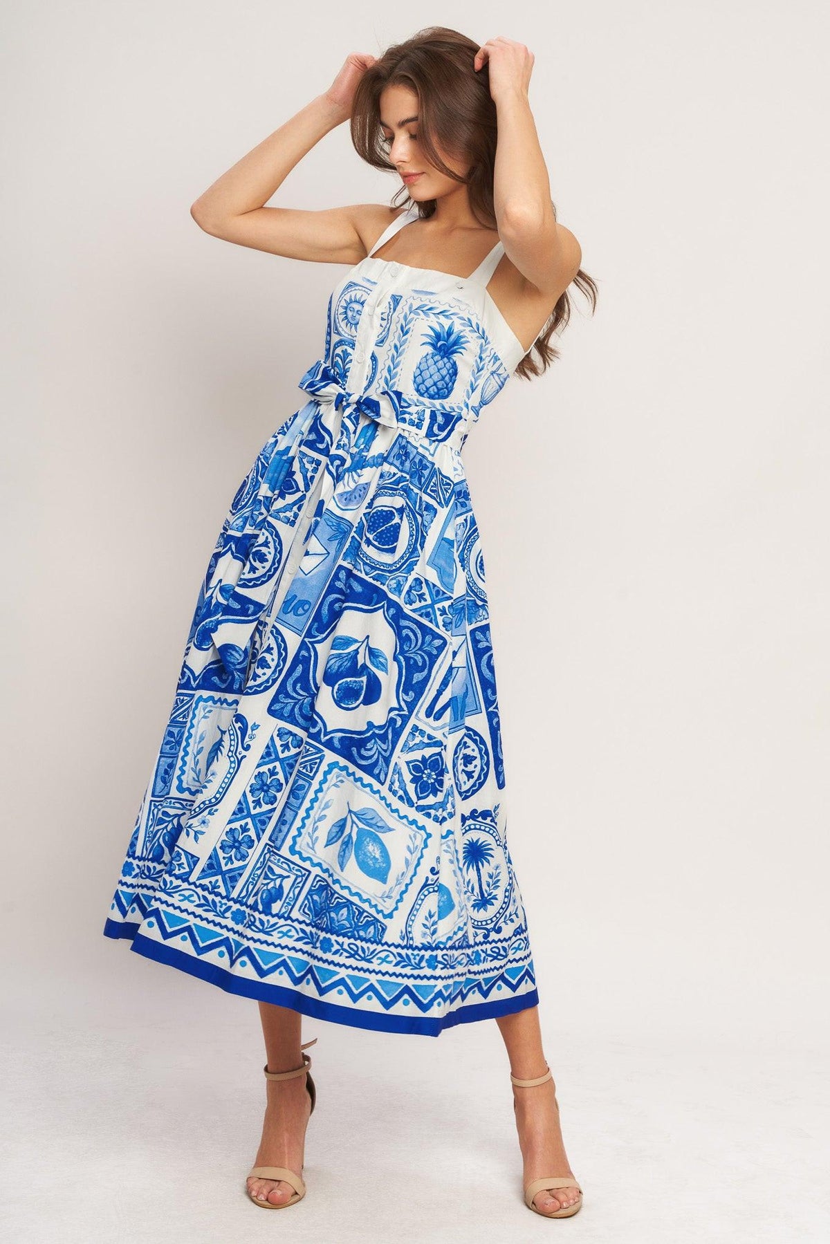 VESTIDO MIDI TEJIDO CON ENCANTO DE MAYÓLICA AZUL