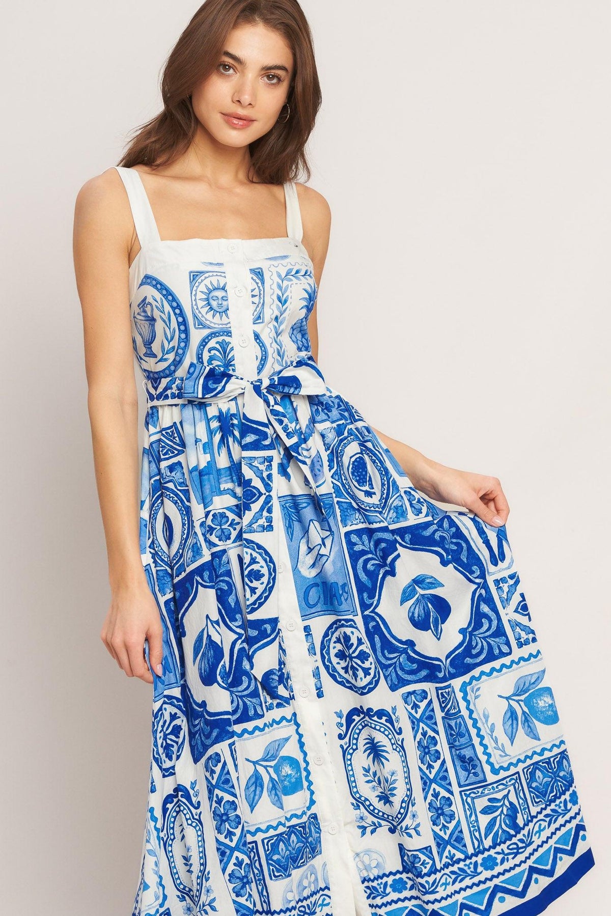 VESTIDO MIDI TEJIDO CON ENCANTO DE MAYÓLICA AZUL