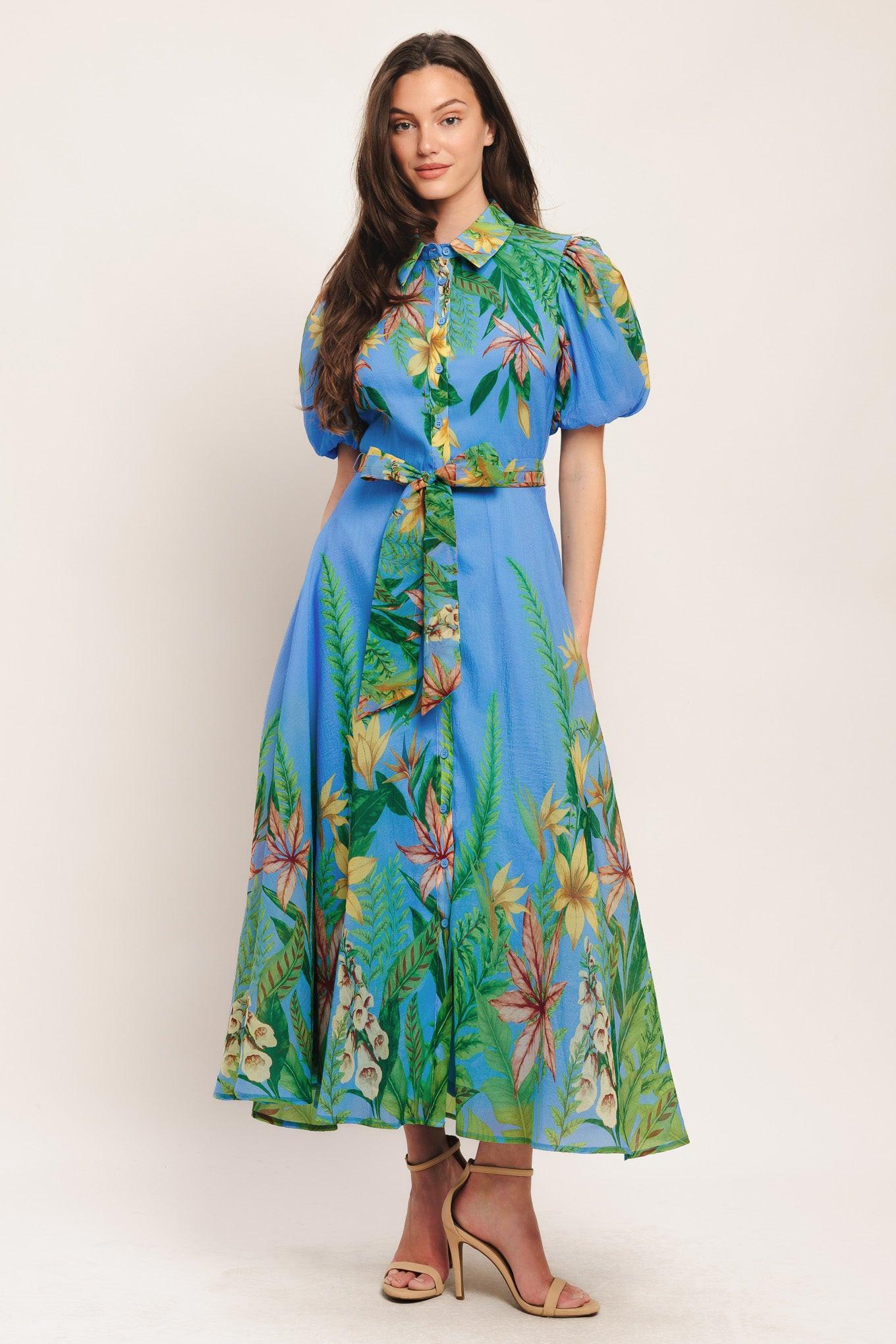 PALM SERENADE BLUE WOVEN MIDI DRESS
