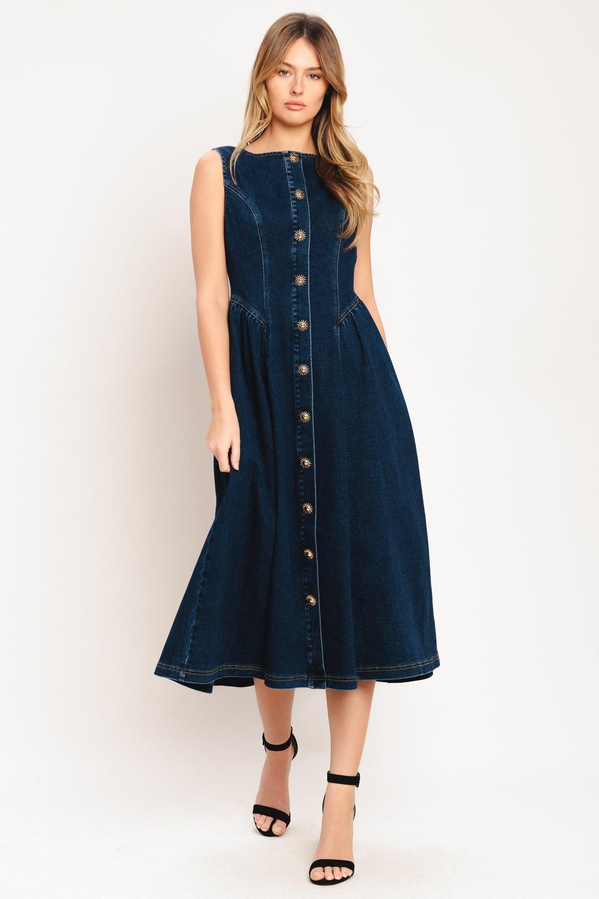 VESTIDO MIDI DE MEZCLILLA DE ESTILO SENCILLO