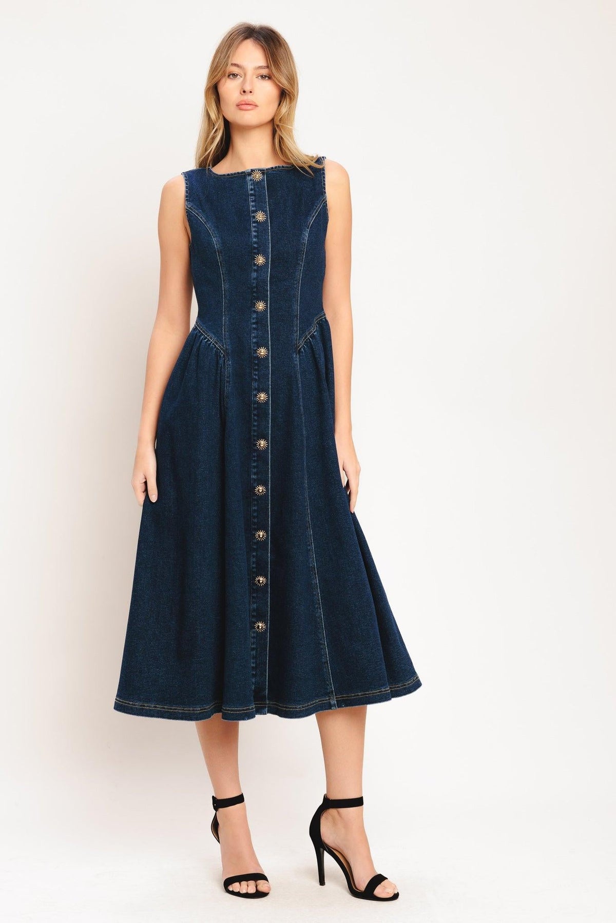 VESTIDO MIDI DE MEZCLILLA DE ESTILO SENCILLO