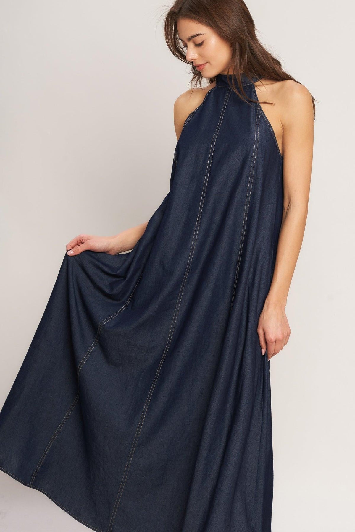 MIDNIGHT FLOW WOVEN MIDI HALTER DRESS