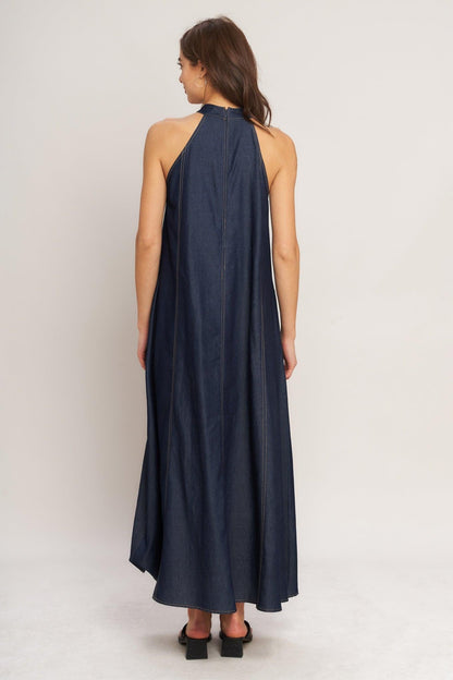 MIDNIGHT FLOW WOVEN MIDI HALTER DRESS