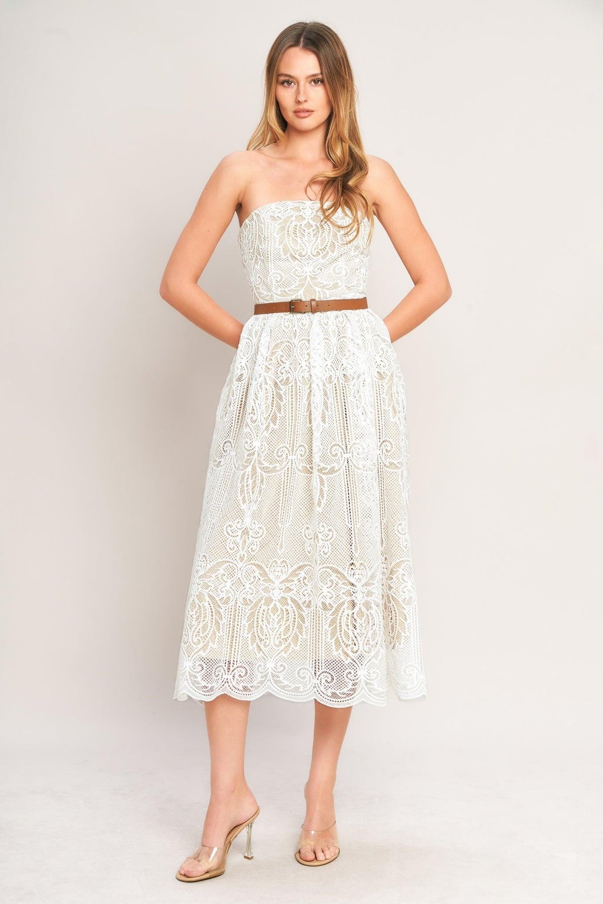 VESTIDO MIDI ELEGANTE DE ENCAJE TEJIDO PARA JARDÍN